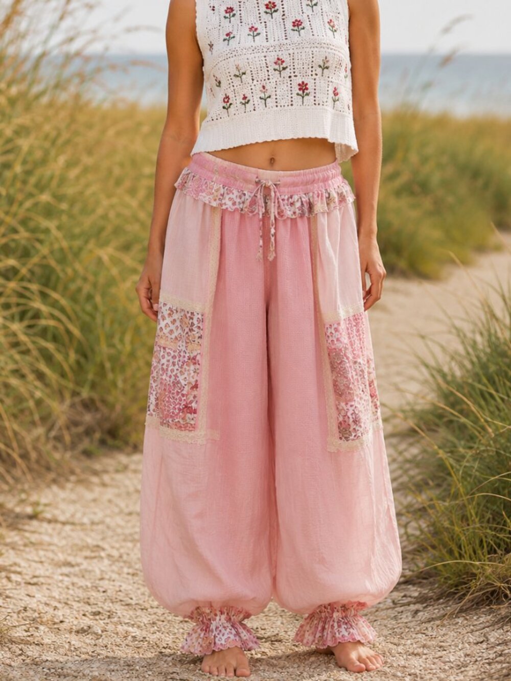 POL Boho Pink Cotton Blend Patchwork Harem Pants Ruffle Ankle Cottagecore NWT